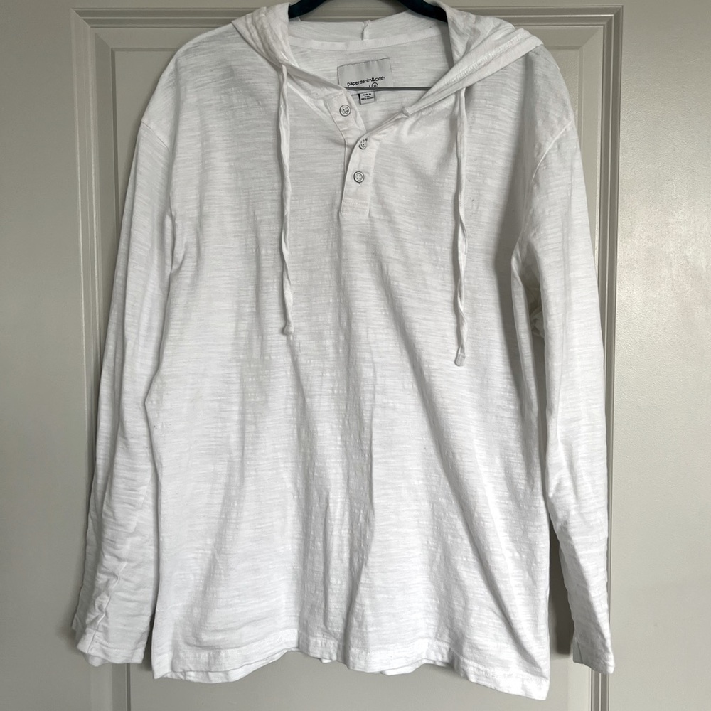 Paper Denim & Cloth Men’s White Cotton Long Sleeve T-Shirt Hoodie | Size XL